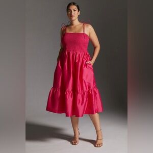Dhruv Kapoor Shine Tiered Hot Pink Smocked Sleeveless Midi Dress XL Party